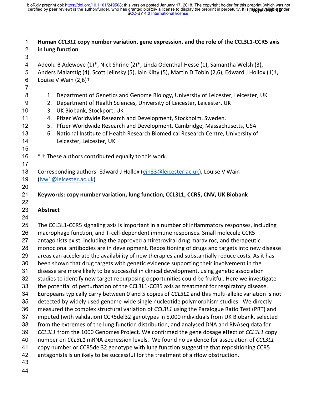 Human CCL3L1 Copy Number Variation, Gene Expression, and The