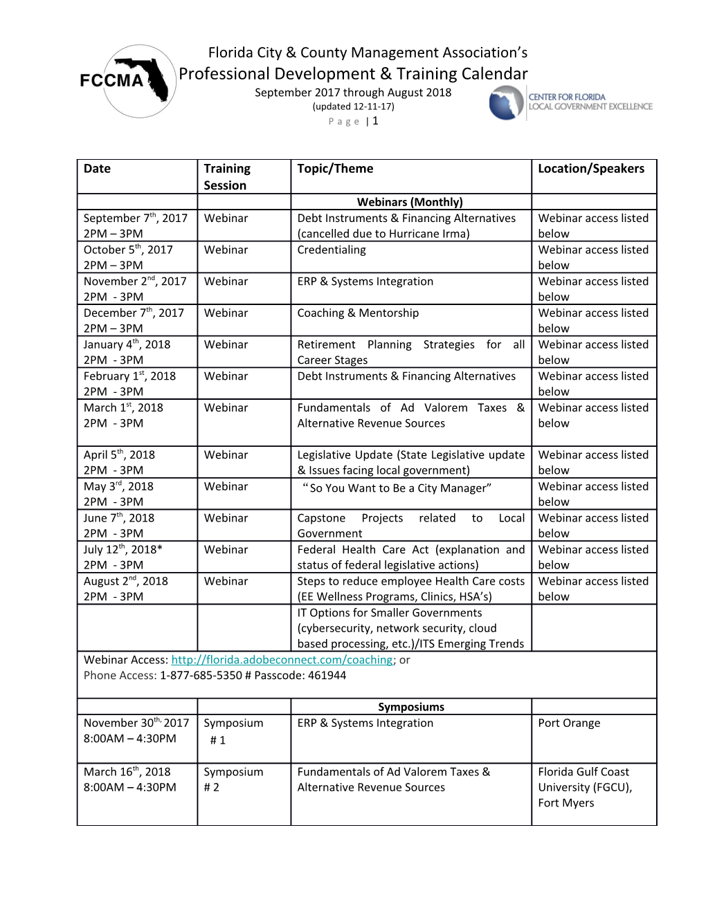 Professional Development & Training Calendar