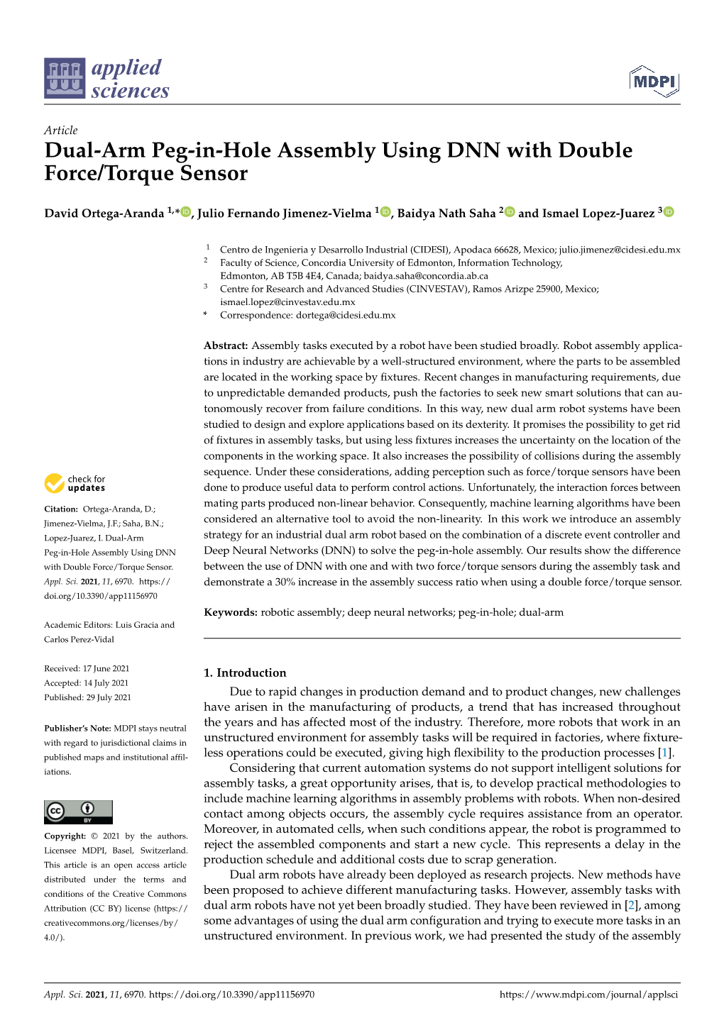 Dual-Arm Peg-In-Hole Assembly Using DNN with Double Force/Torque Sensor