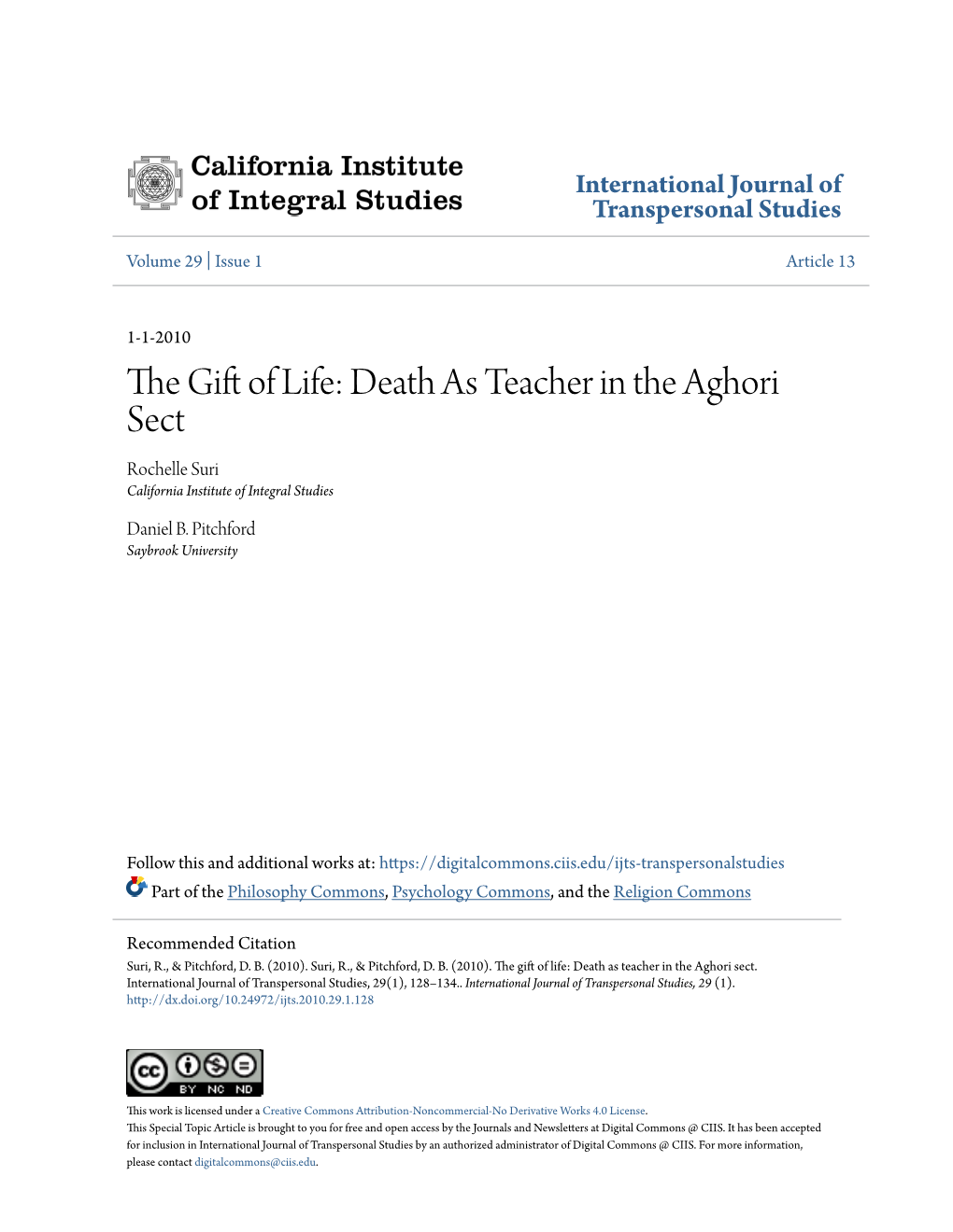 Death As Teacher in the Aghori Sect Rochelle Suri California Institute of Integral Studies
