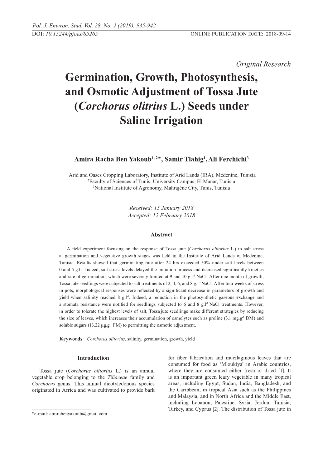 Germination, Growth, Photosynthesis, and Osmotic Adjustment of Tossa Jute (Corchorus Olitrius L.) Seeds Under Saline Irrigation