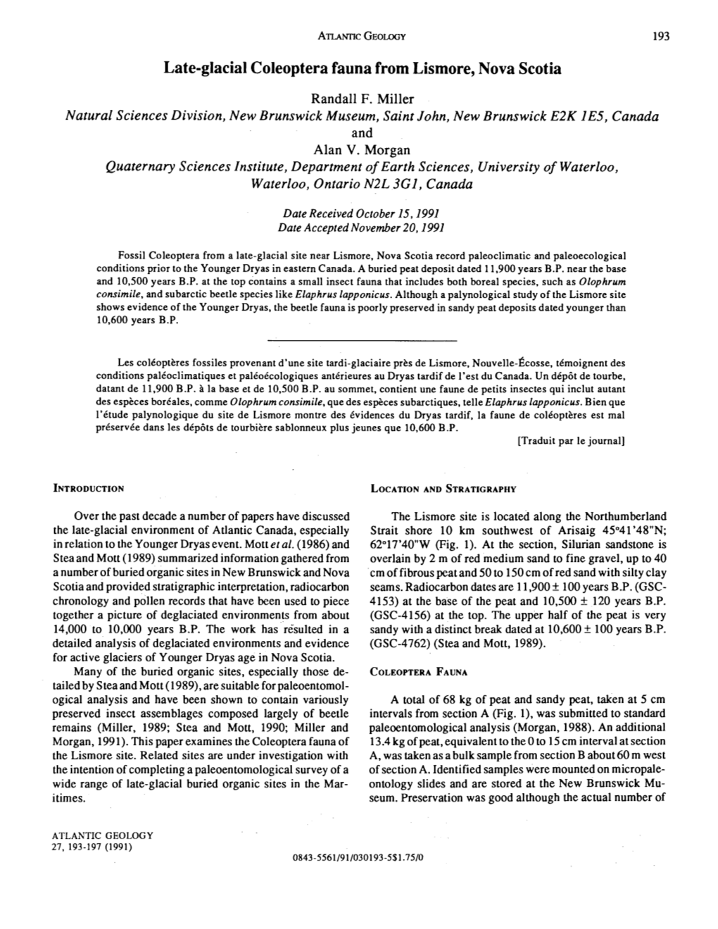 Late-Glacial Coleoptera Fauna from Lismore, Nova Scotia