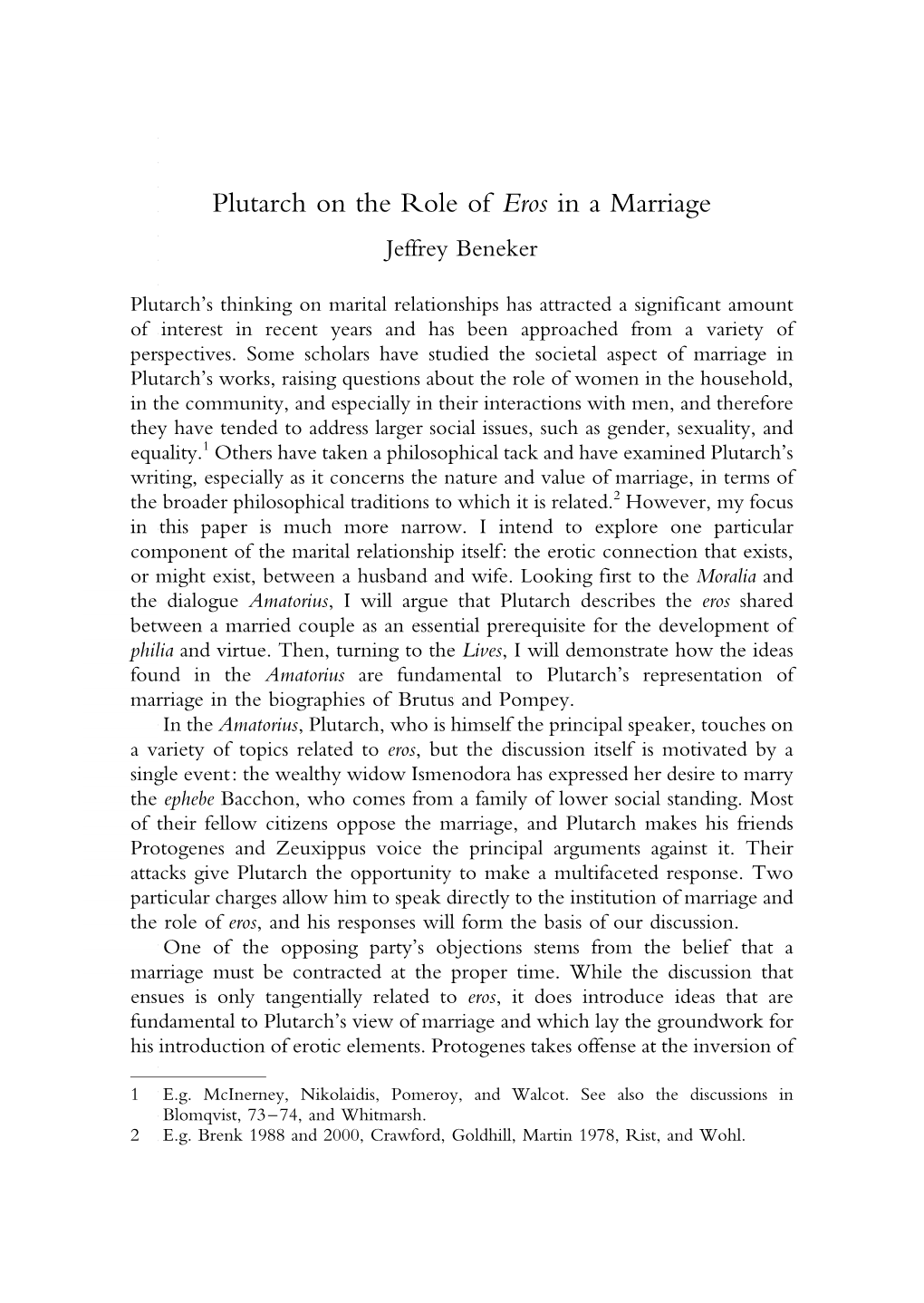 Plutarch on the Role of Eros in a Marriage