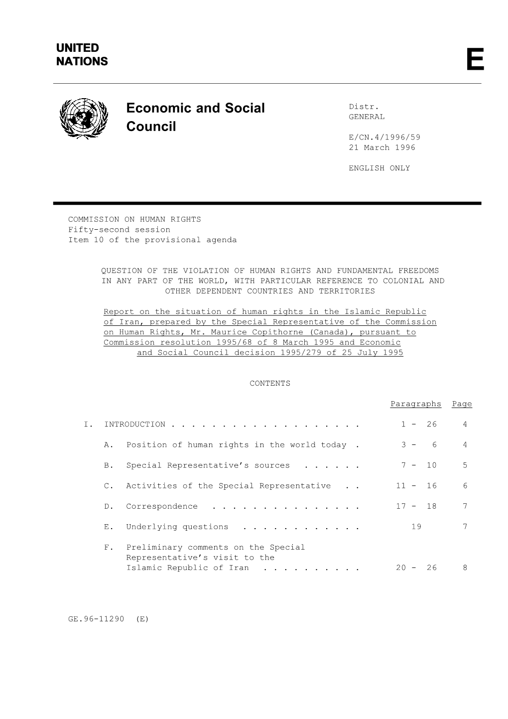 Report on the Situation of Human Rights in the Islamic Republic of Iran, Prepared by the Special Representative of the Commission on Human Rights, Mr