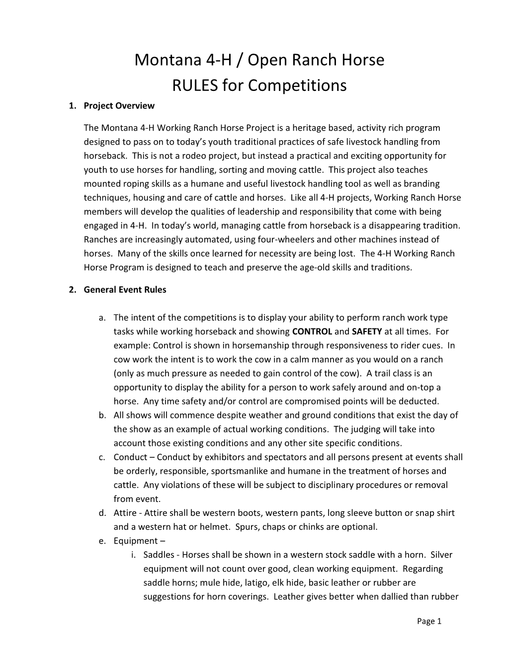 Montana 4-H / Open Ranch Horse RULES for Competitions 1
