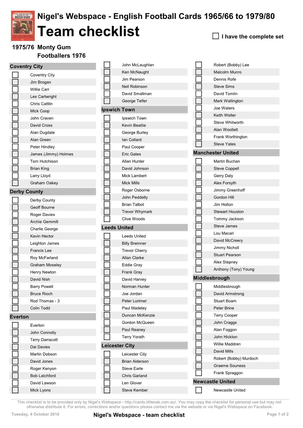 Team Checklist I Have the Complete Set 1975/76 Monty Gum Footballers 1976