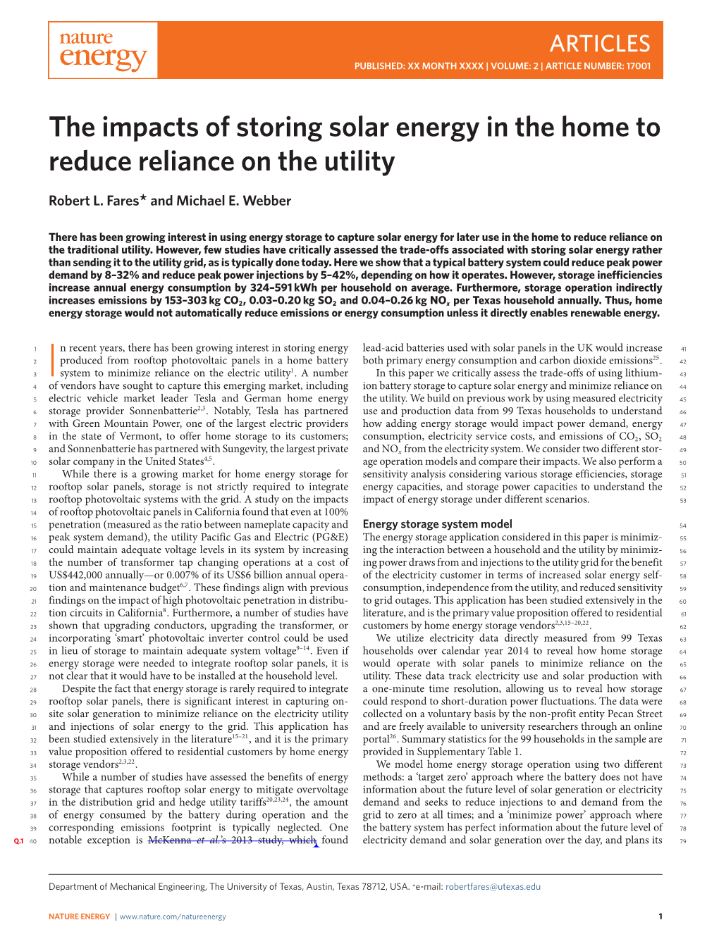 The Impacts of Storing Solar Energy in the Home to Reduce Reliance on the Utility