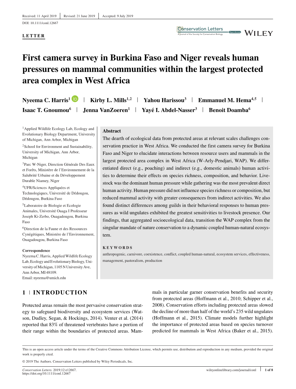 First Camera Survey in Burkina Faso and Niger Reveals Human Pressures on Mammal Communities Within the Largest Protected Area Complex in West Africa