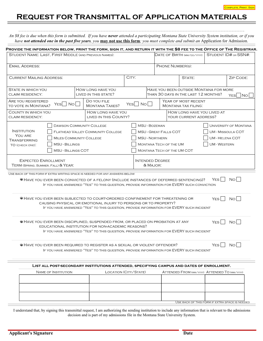 Request for Transmittal of Application Materials