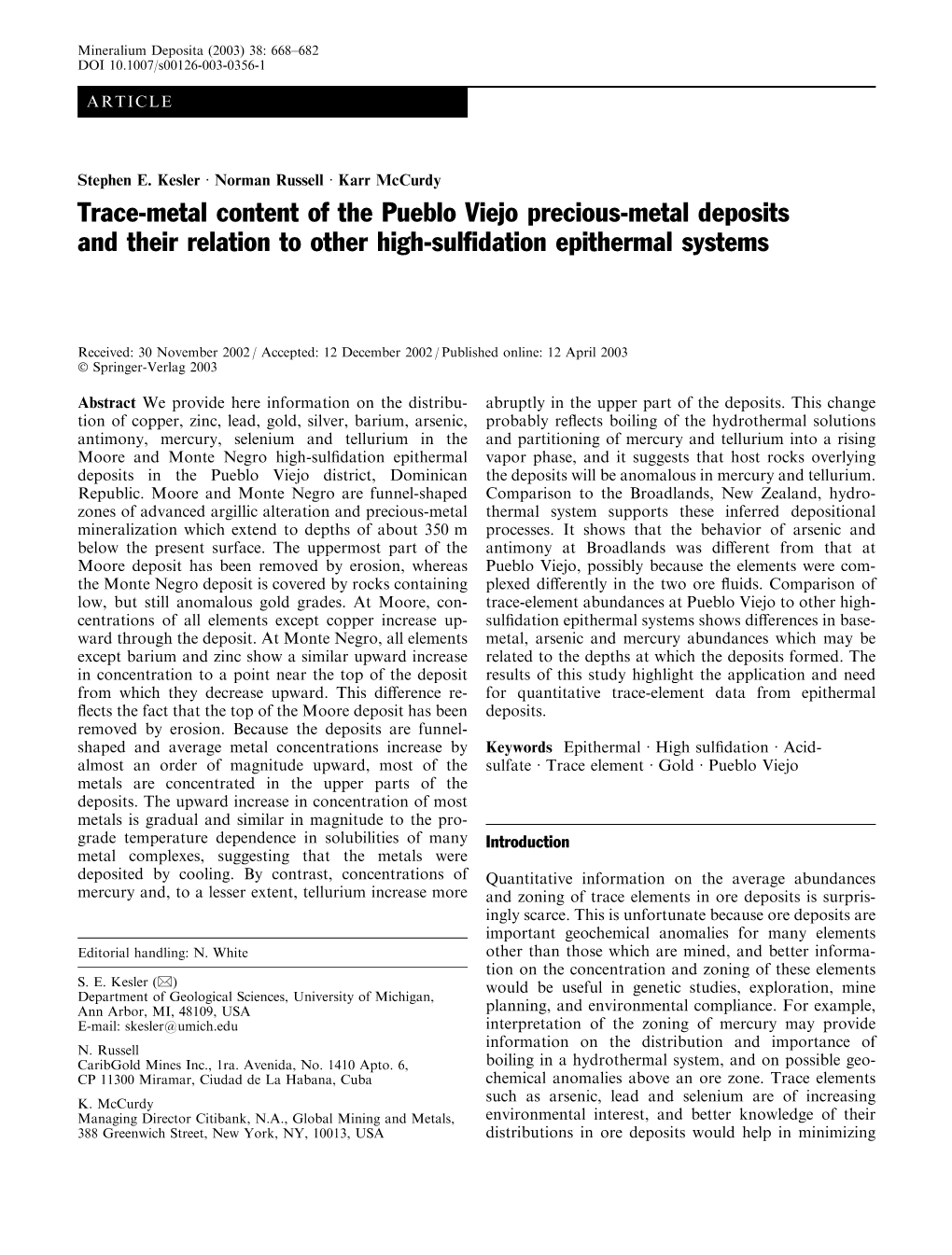 Trace-Metal Content of the Pueblo Viejo Precious-Metal Deposits and Their Relation to Other High-Sulﬁdation Epithermal Systems