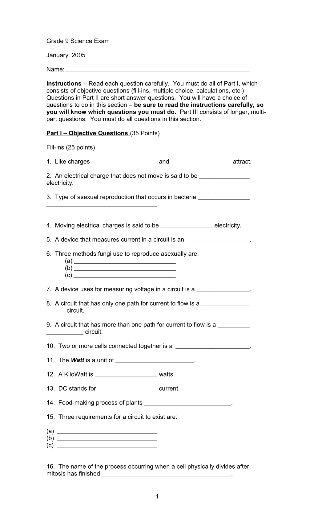 Grade 9 Science Exam