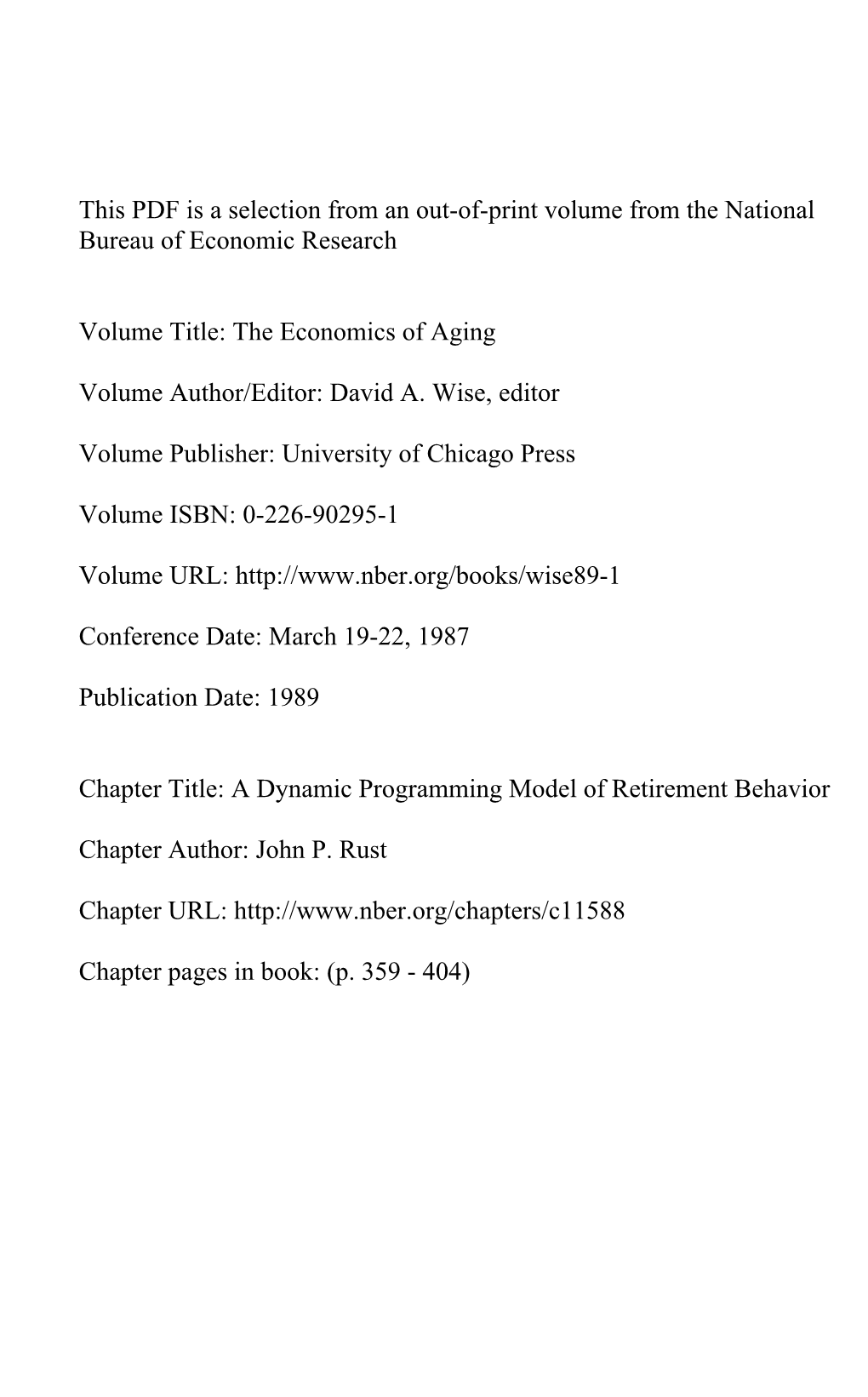 A Dynamic Programming Model of Retirement Behavior