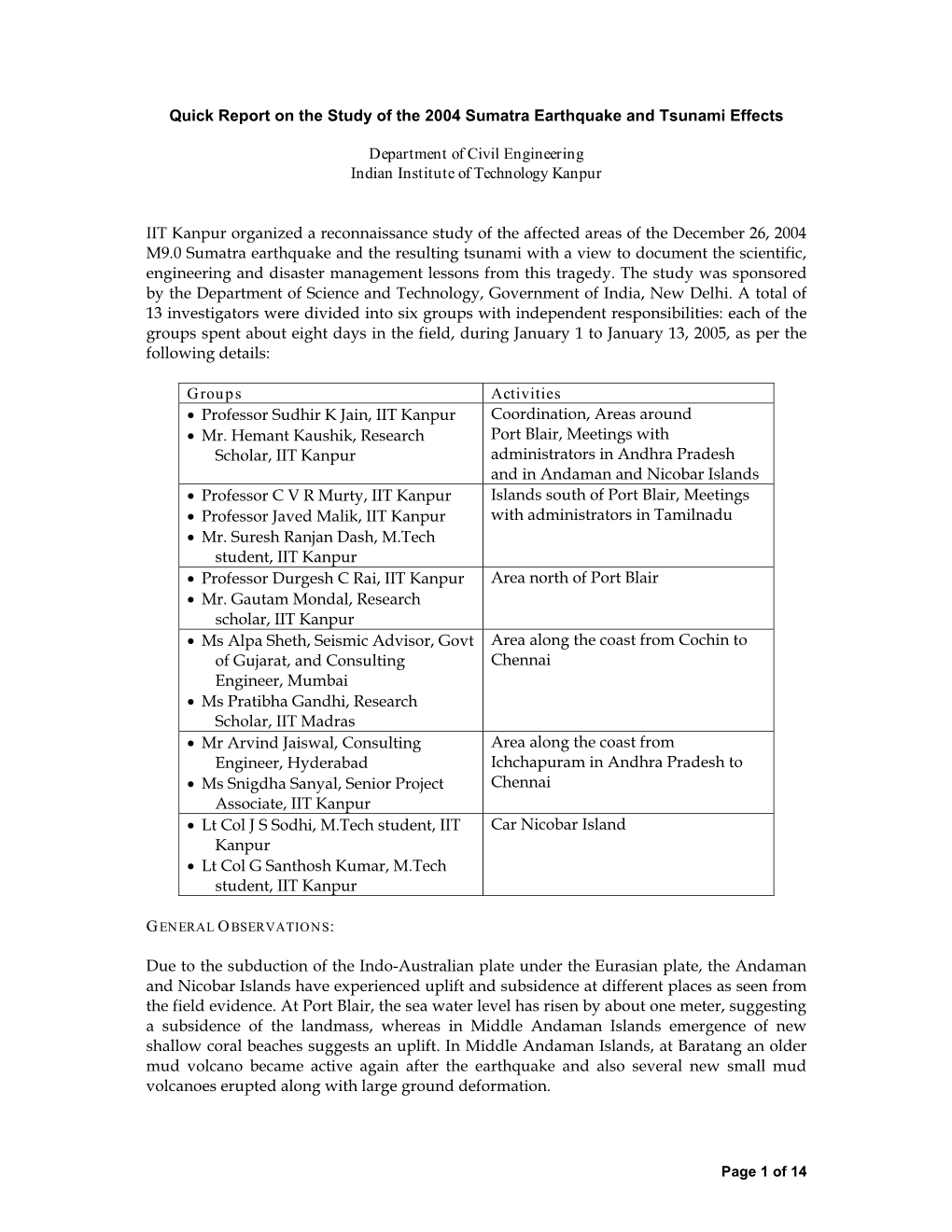 Quick Report on the Study of the 2004 Sumatra Earthquake and Tsunami Effects Department of Civil Engineering Indian Institute O