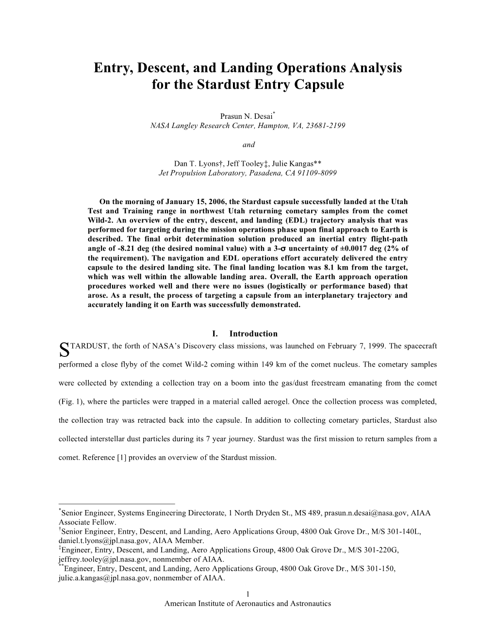 Entry, Descent, and Landing Operations Analysis for the Stardust Entry Capsule