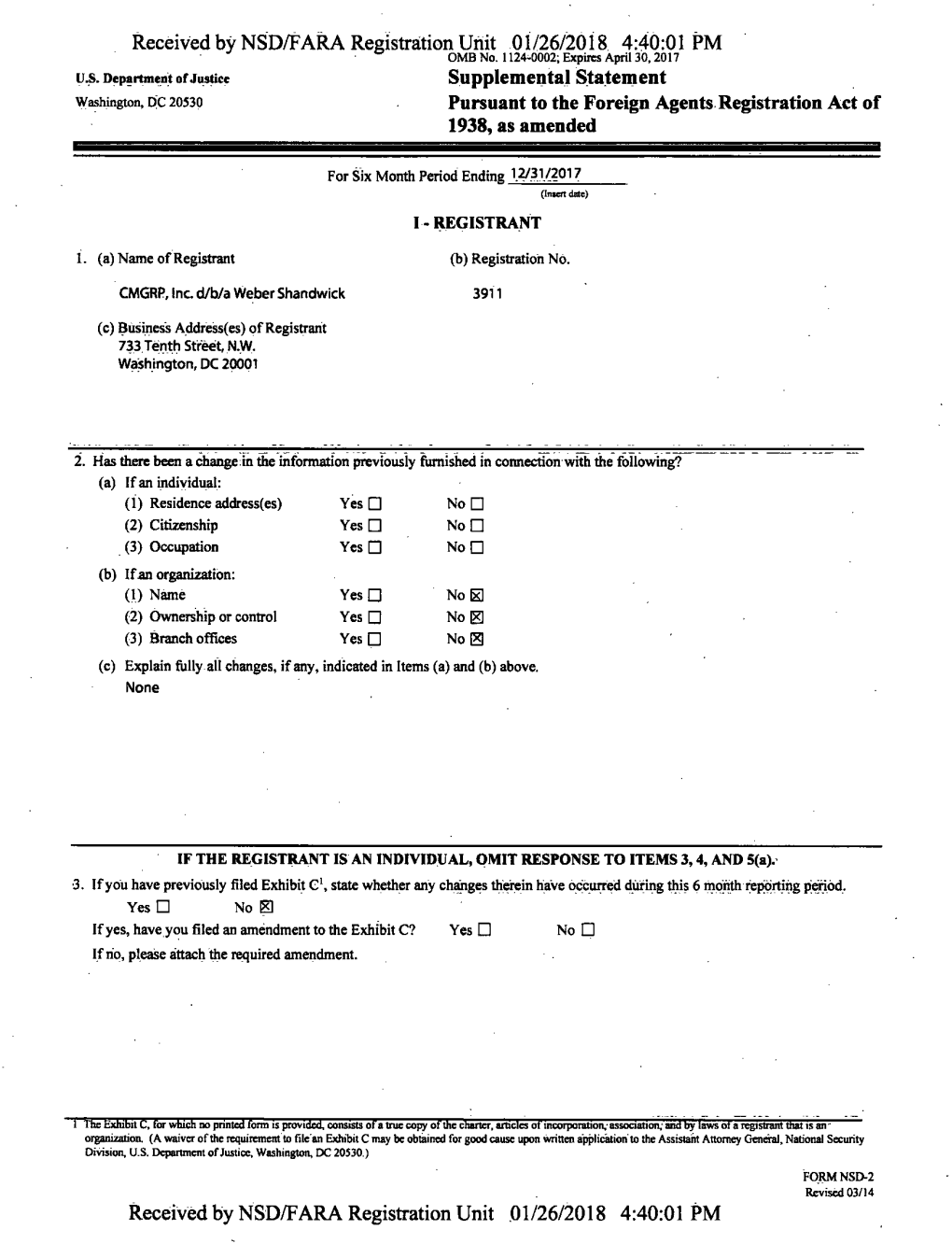 Received by NSD/FARA Registration Unit 01/26/2018 4:40:01 PM Supplemental Statement Pursuant to the Foreign Agents Registration