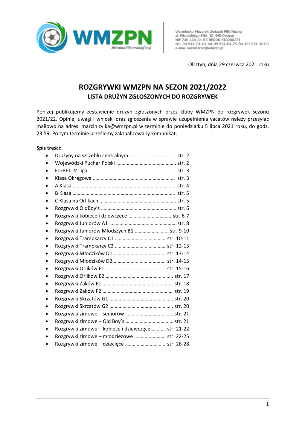 Rozgrywki Wmzpn Na Sezon 2021/2022 Lista Drużyn Zgłoszonych Do Rozgrywek