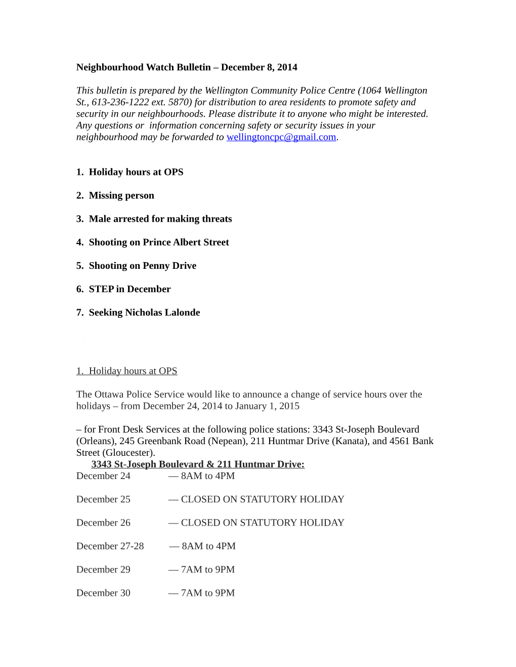 Neighbourhood Watch Bulletin – December 8, 2014