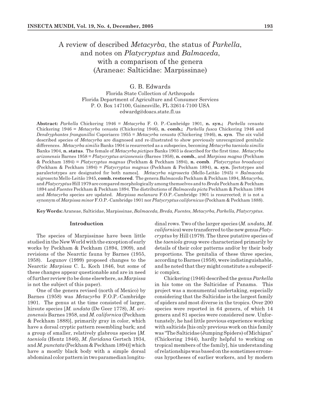 A Review of Described Metacyrba, the Status of Parkella, and Notes on Platycryptus and Balmaceda, with a Comparison of the Genera (Araneae: Salticidae: Marpissinae)