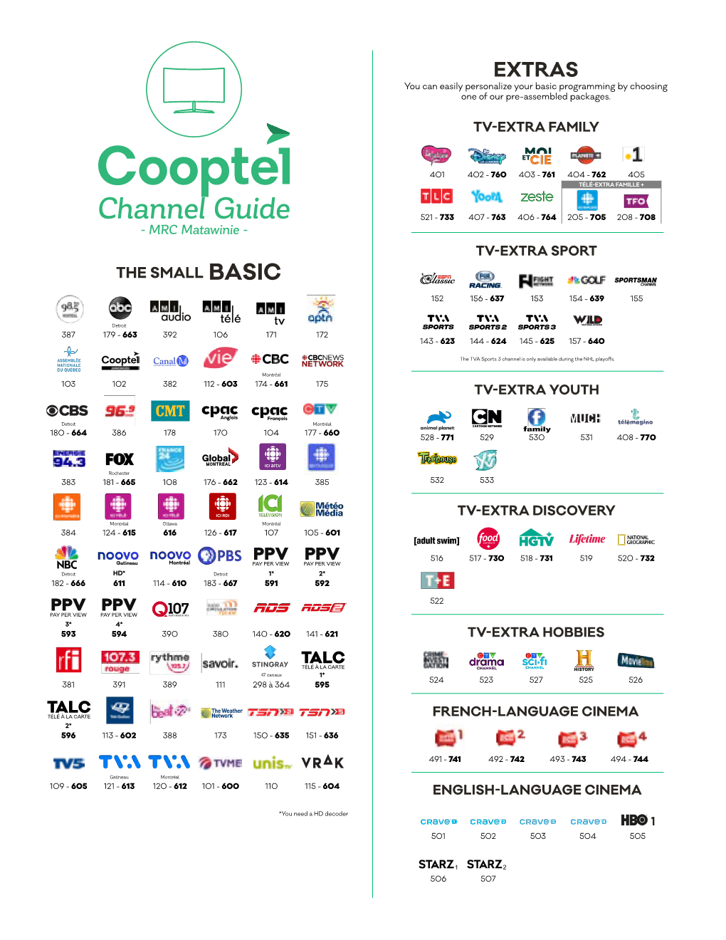 Channel Guide 521 - 733 407 - 763 406 - 764 205 - 705 208 - 708 - MRC Matawinie - TV-EXTRA SPORT the SMALL BASIC