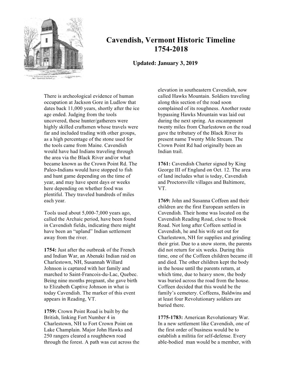 Cavendish, Vermont Historic Timeline 1754-2018