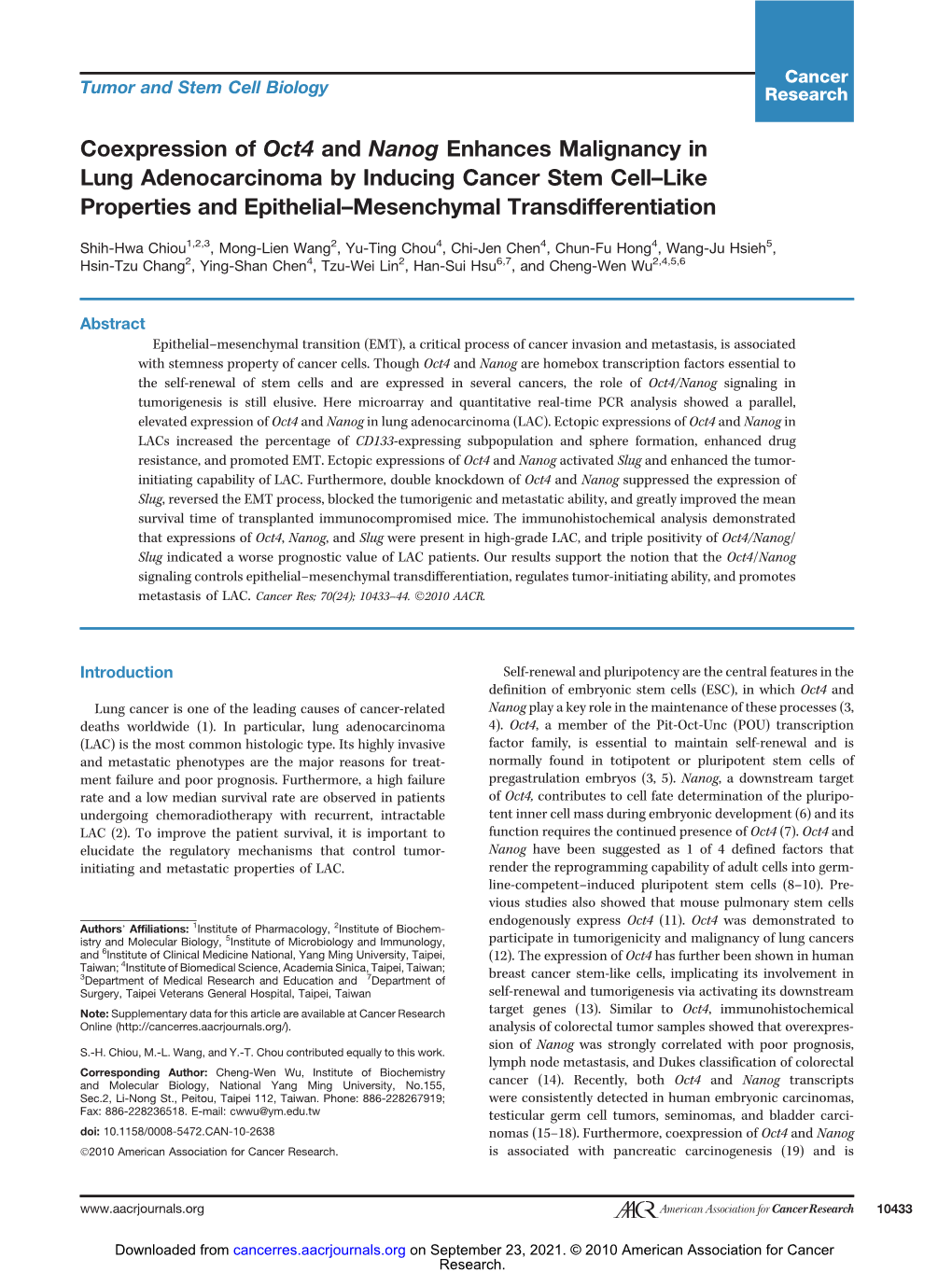 Tumor and Stem Cell Biology Research