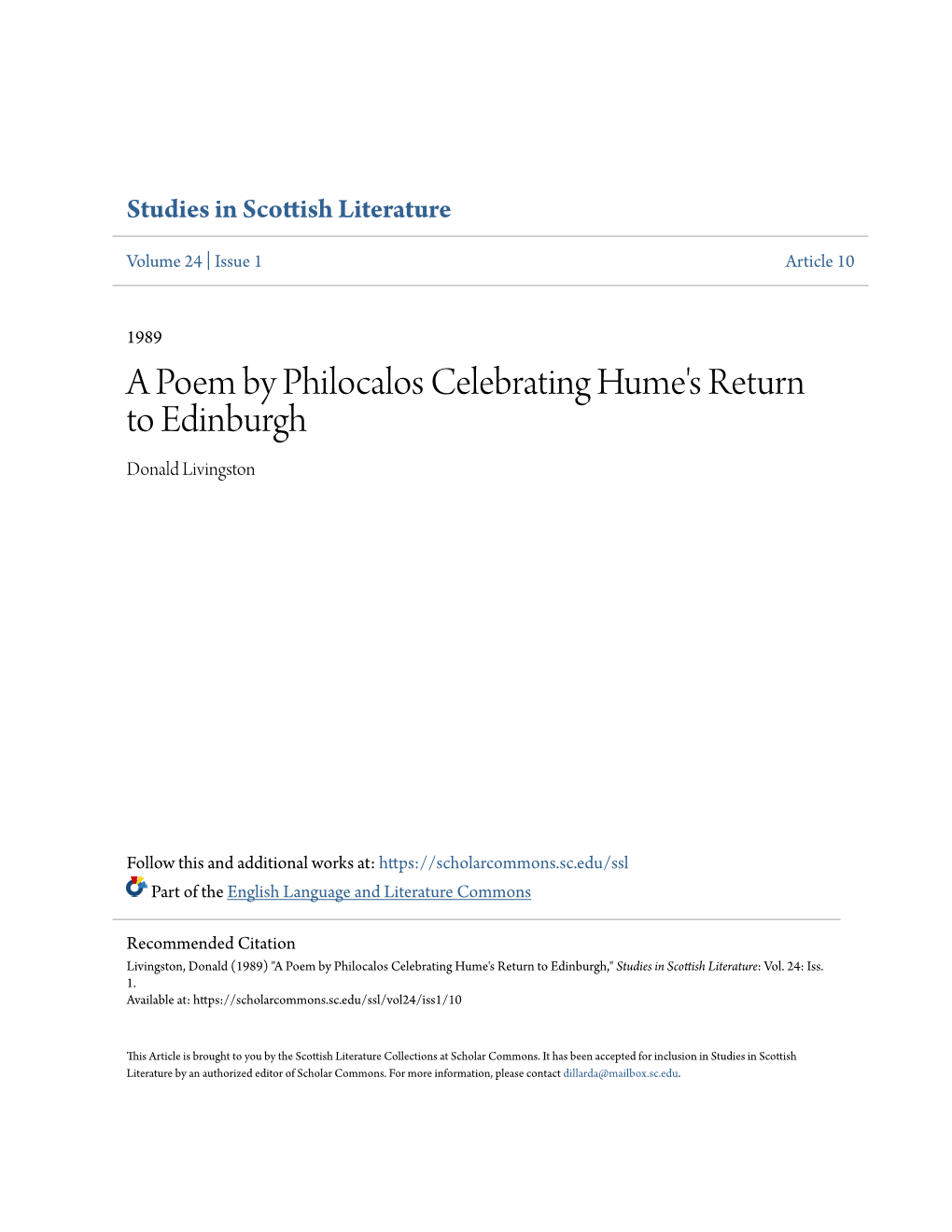 A Poem by Philocalos Celebrating Hume's Return to Edinburgh Donald Livingston