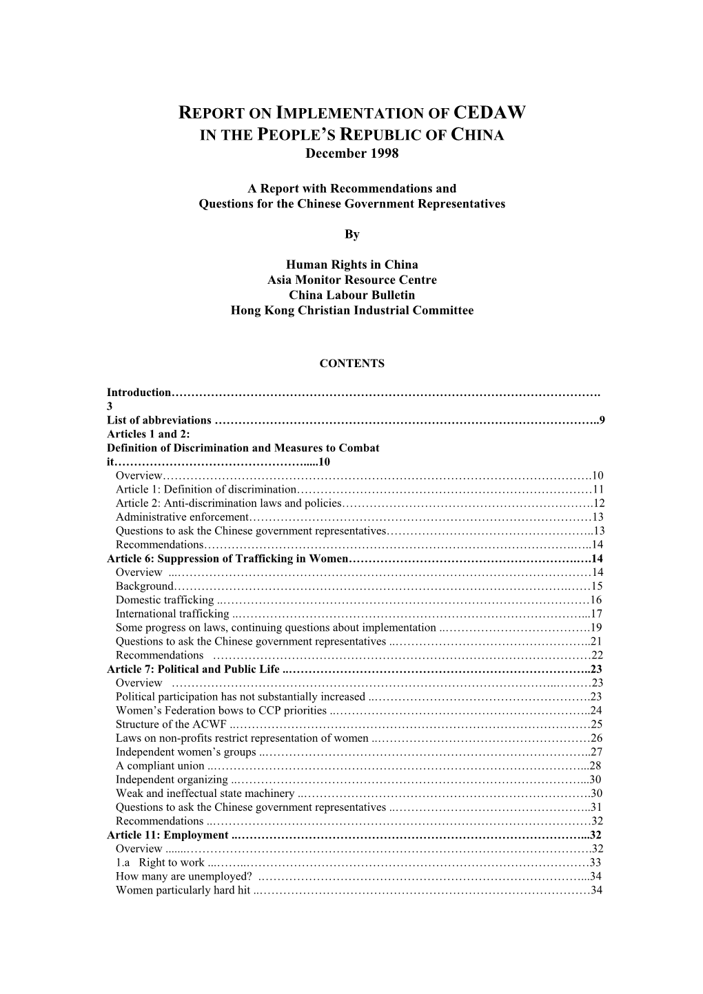 REPORT on IMPLEMENTATION of CEDAW in the PEOPLE’S REPUBLIC of CHINA December 1998