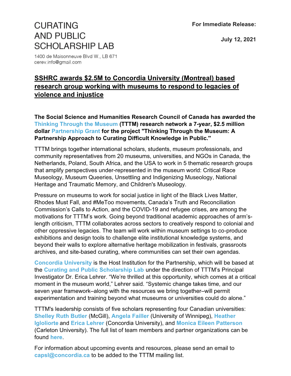 SSHRC Awards $2.5M to Concordia University (Montreal) Based Research Group Working with Museums to Respond to Legacies of Violence and Injustice