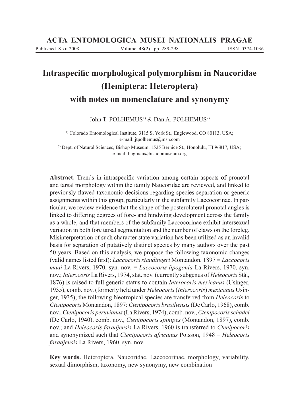 Intraspecific Morphological Polymorphism in Naucoridae