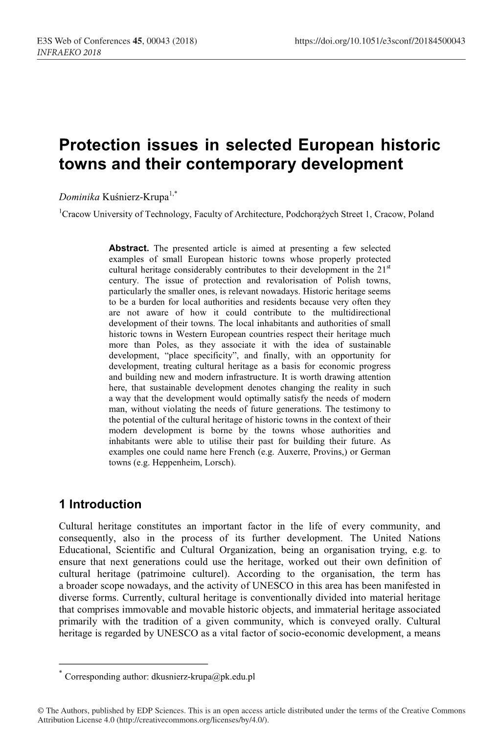 Protection Issues in Selected European Historic Towns and Their Contemporary Development