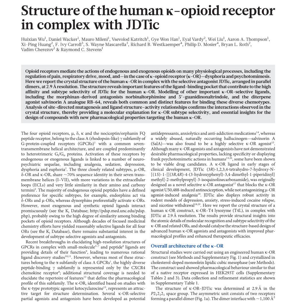 Structure of the Human Κ-Opioid Receptor in Complex with Jdtic