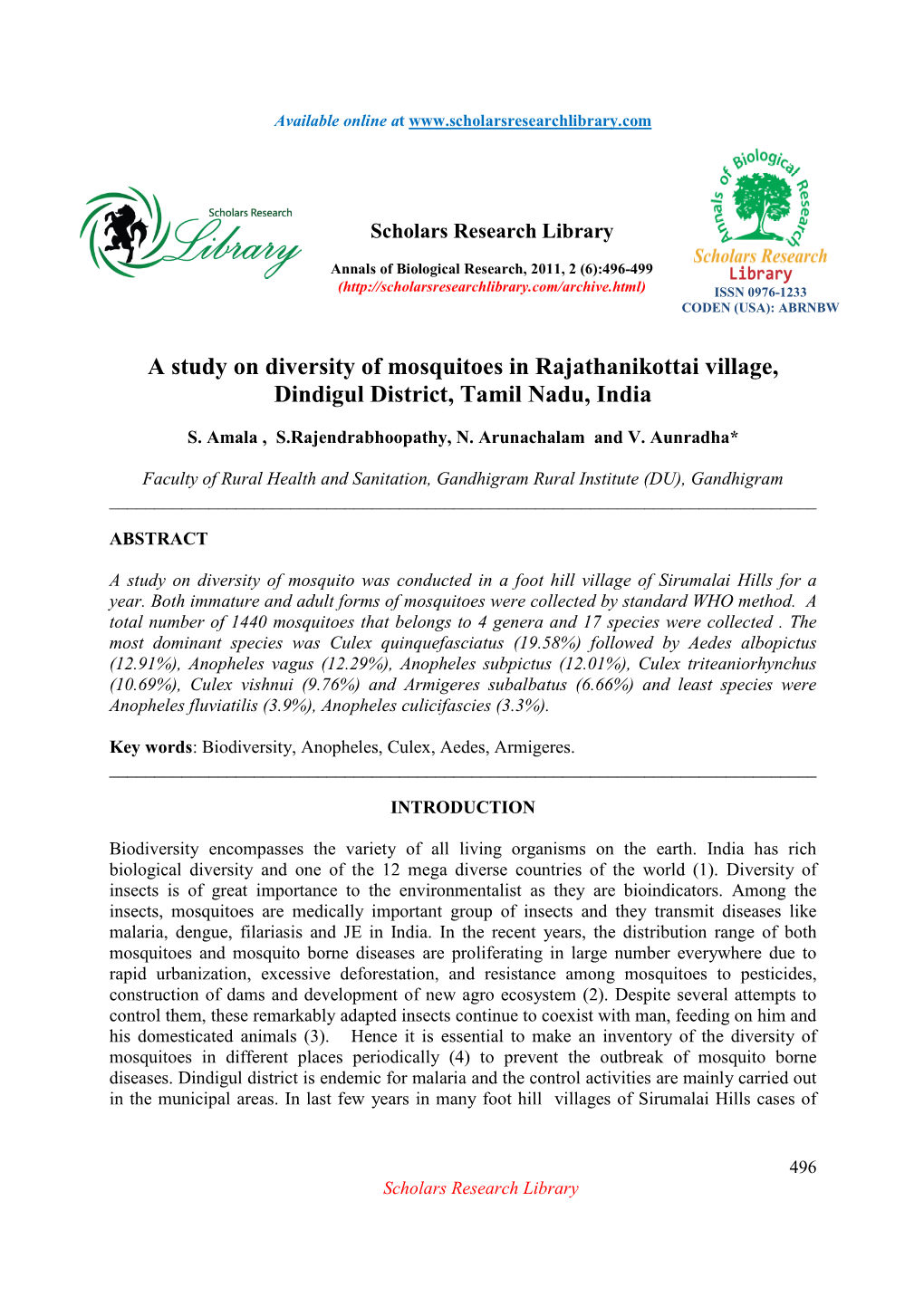 A Study on Diversity of Mosquitoes in Rajathanikottai Village, Dindigul District, Tamil Nadu, India