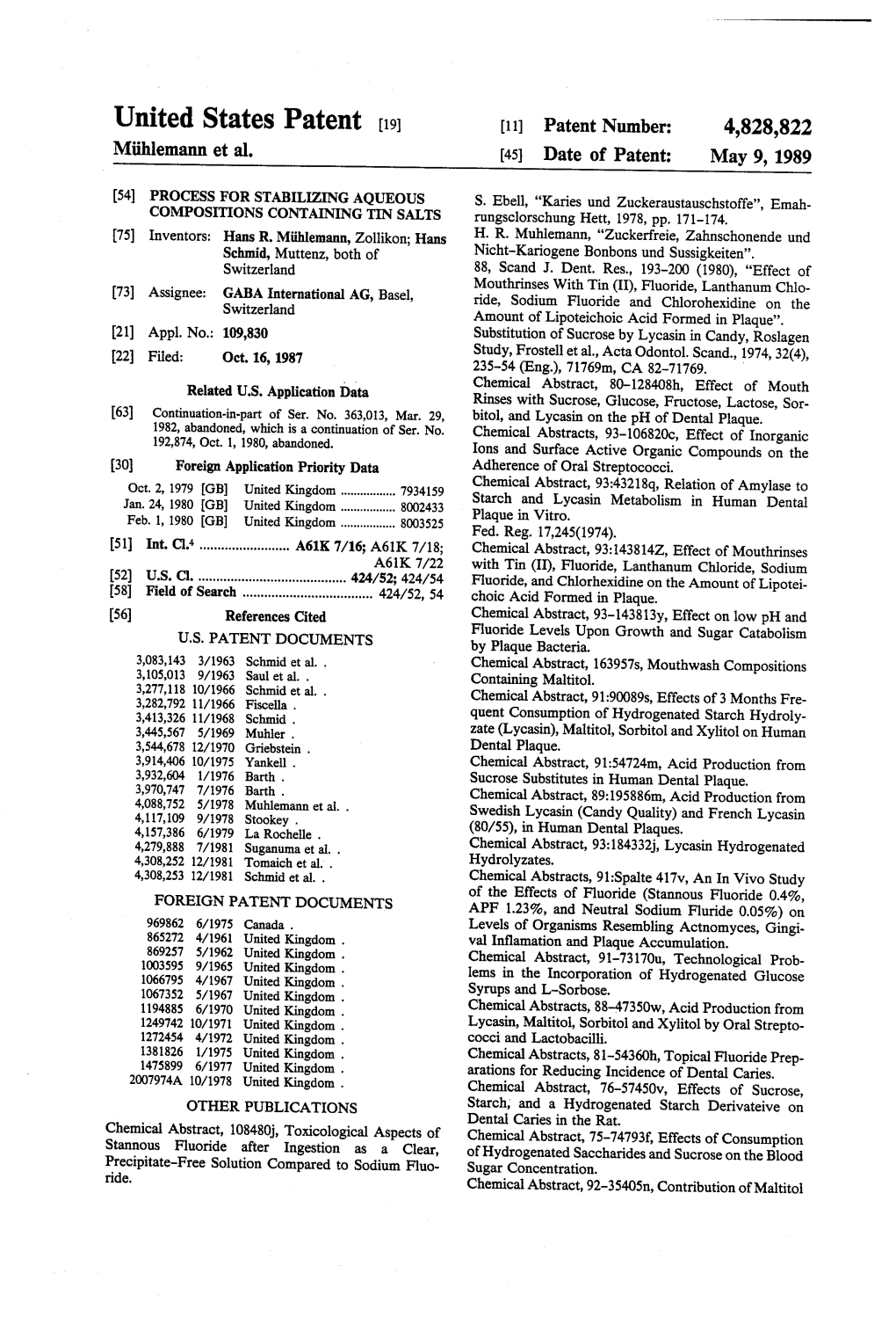 United States Patent (19) 11 Patent Number: 4,828,822 Miihlemann Et Al