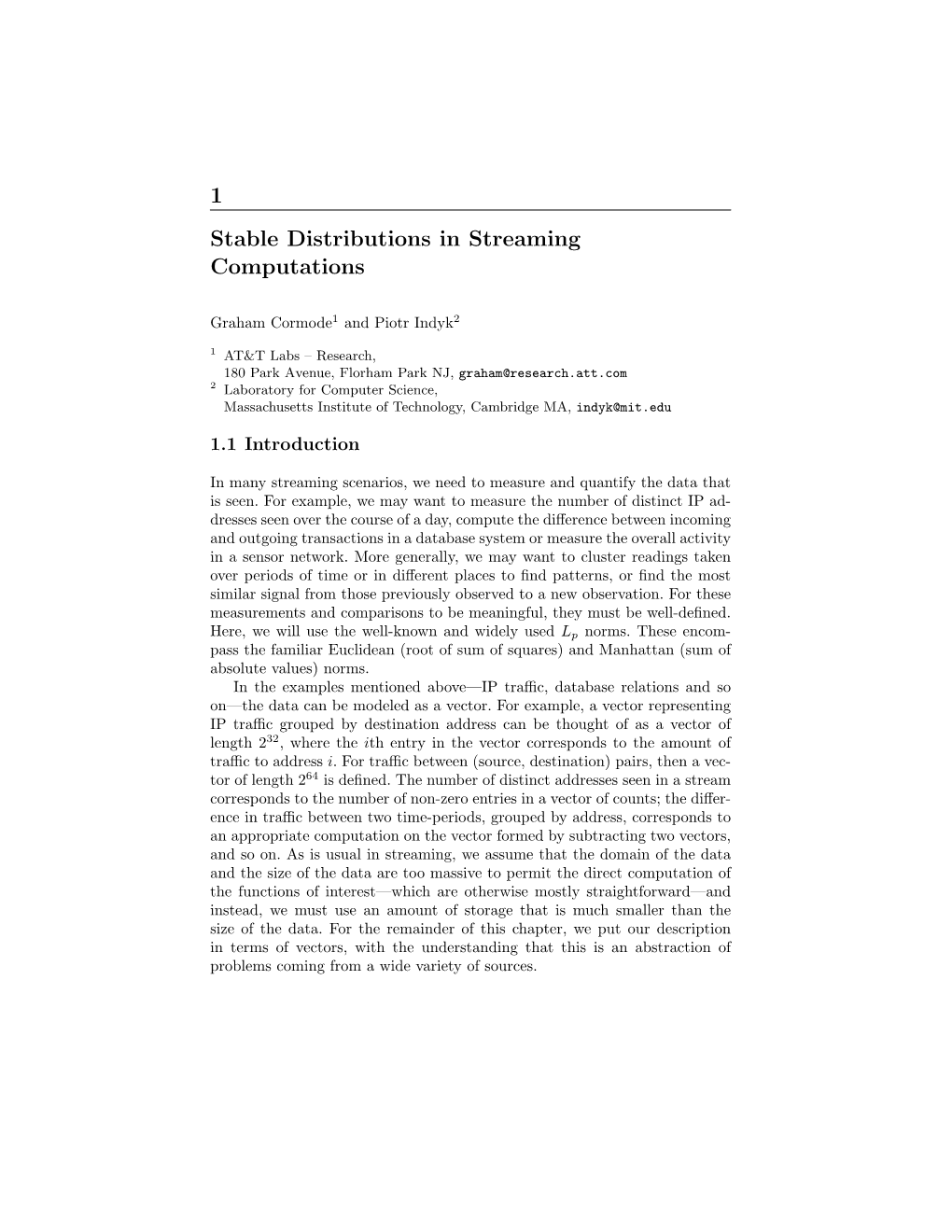 1 Stable Distributions in Streaming Computations