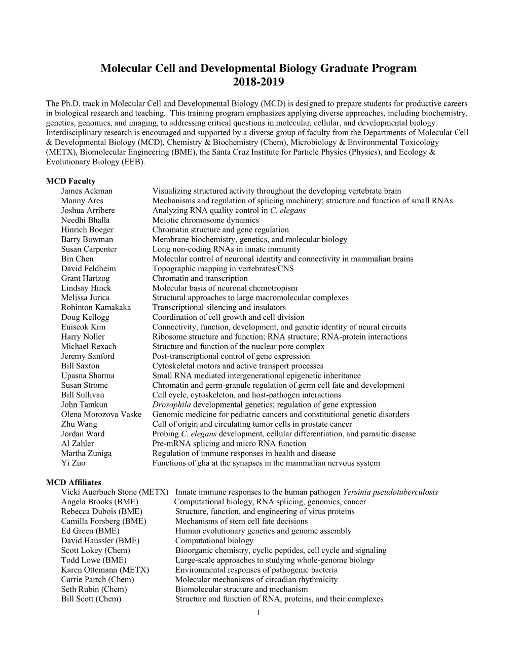 Molecular Cell and Developmental Biology Graduate Program 2018-2019