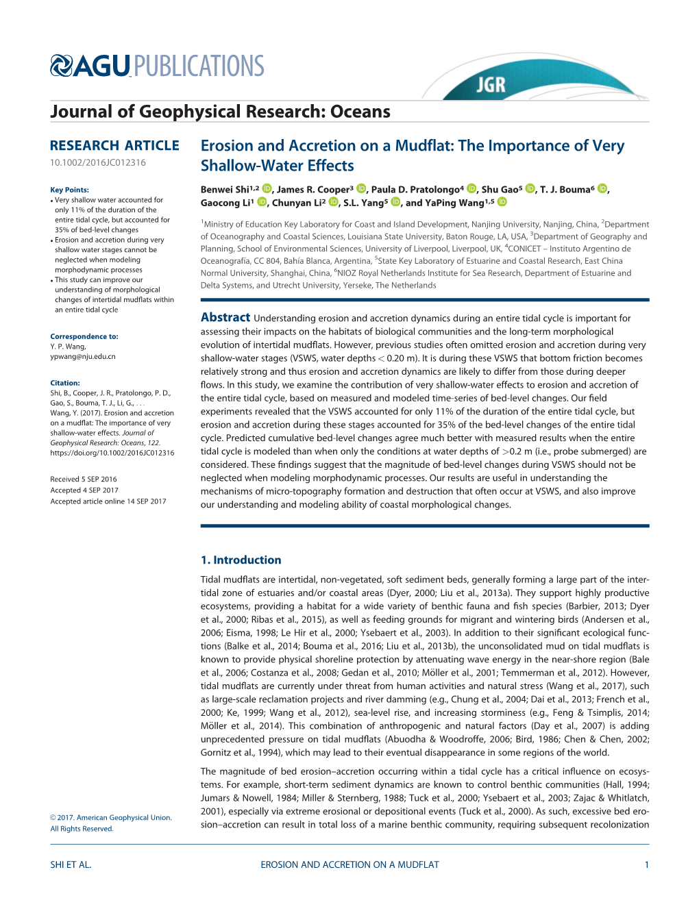 Erosion and Accretion on a Mudflat: the Importance of Very 10.1002/2016JC012316 Shallow-Water Effects