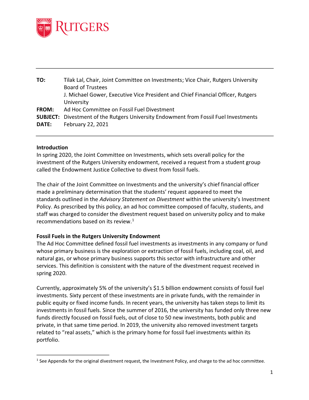 Ad Hoc Committee on Fossil Fuel Divestment Report