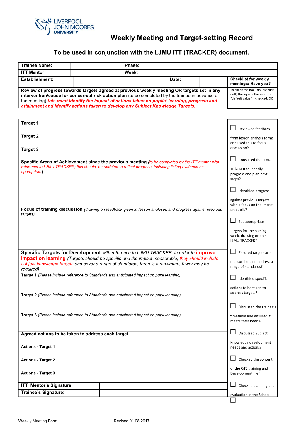 Weekly Meeting and Target-Setting Record