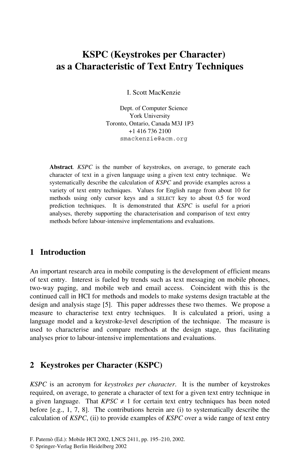 KSPC (Keystrokes Per Character) As a Characteristic of Text Entry Techniques