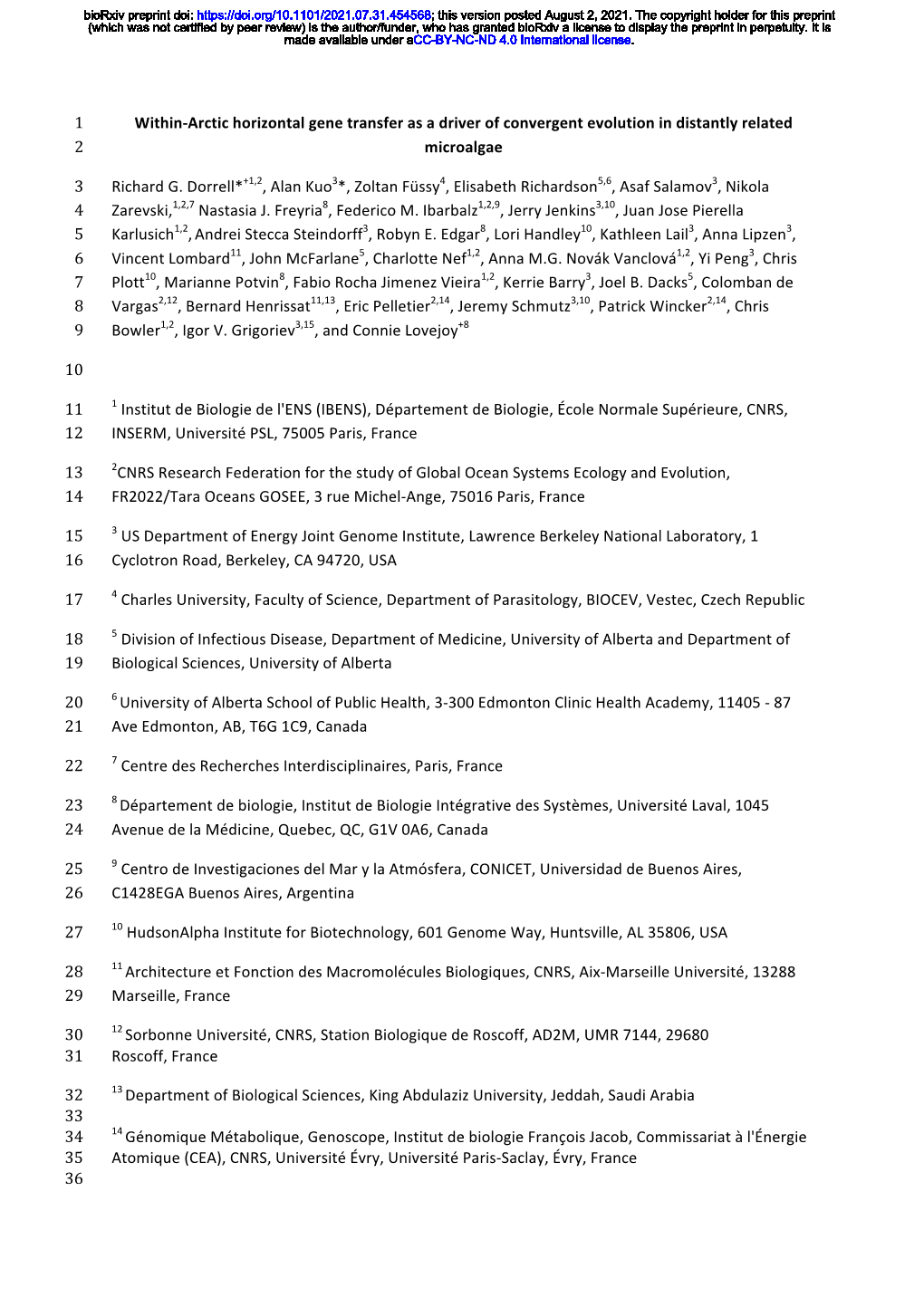 Within-Arctic Horizontal Gene Transfer As a Driver of Convergent Evolution in Distantly Related 1 Microalgae 2 Richard G. Do