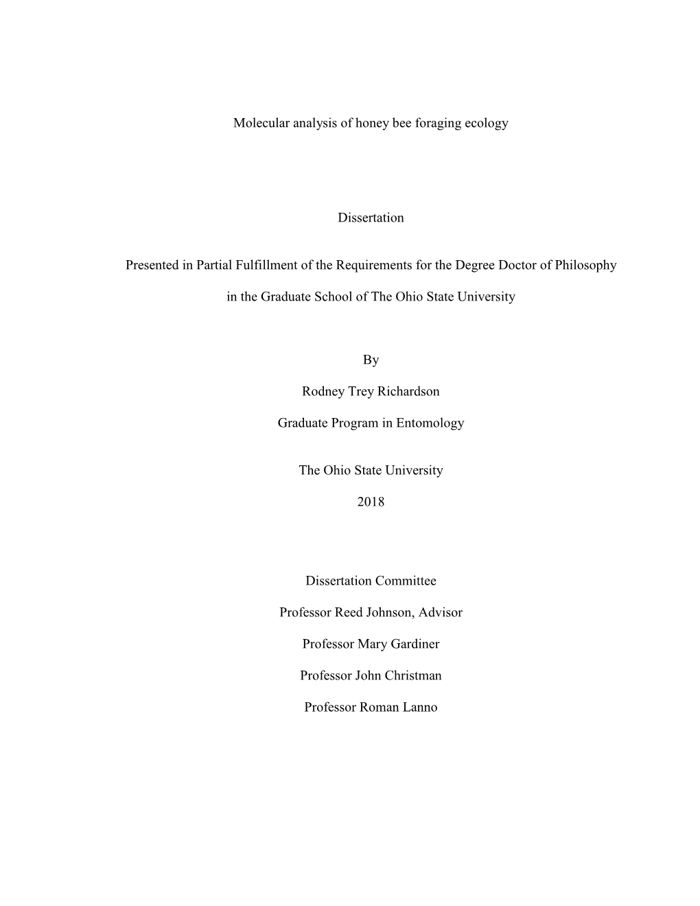 1 Molecular Analysis of Honey Bee Foraging Ecology Dissertation