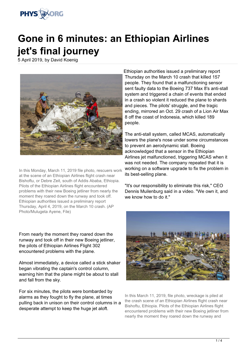 Gone in 6 Minutes: an Ethiopian Airlines Jet's Final Journey 5 April 2019, by David Koenig