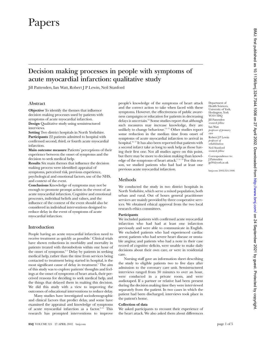 Papers BMJ: First Published As 10.1136/Bmj.324.7344.1006 on 27 April 2002