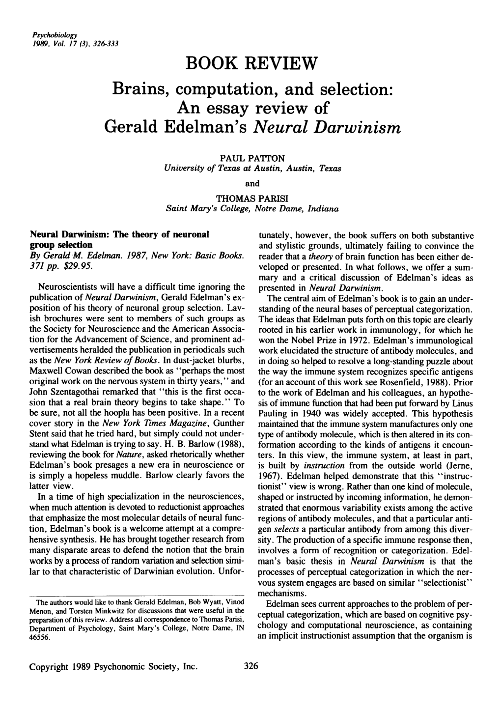 An Essay Review of Gerald Edelman's Neural Darwinism