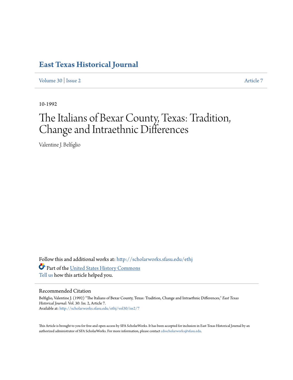 THE ITALIANS of BEXAR COUNTY, TEXAS: TRADITION, CHANGE and INTRAETHNIC DIFFERENCES by Valentine J