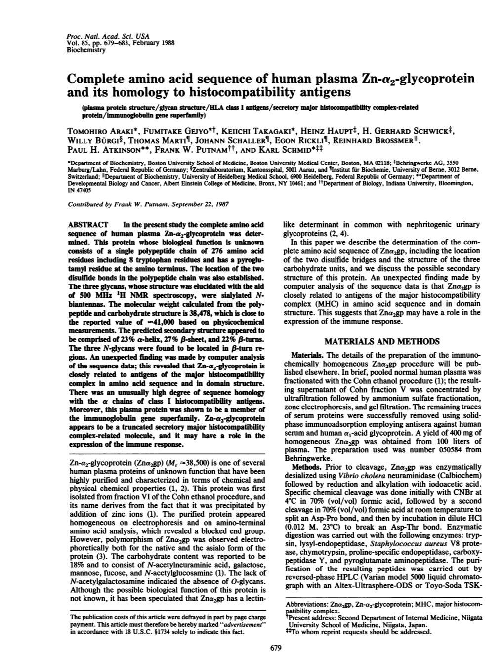 Complete Amino Acid Sequence of Human Plasma Zn-A2-Glycoprotein and Its Homology to Histocompatibility Antigens