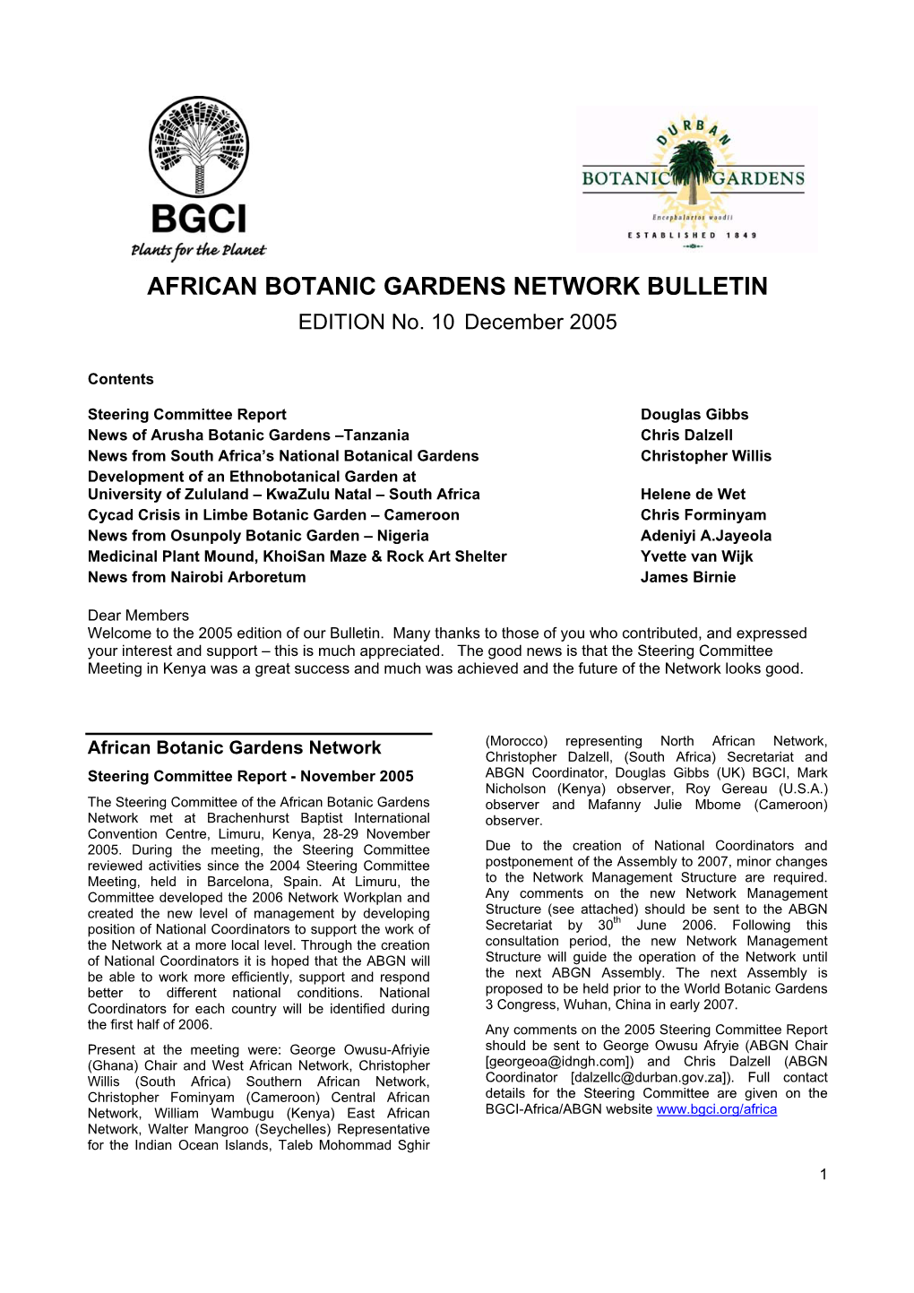 AFRICAN BOTANIC GARDENS NETWORK BULLETIN EDITION No