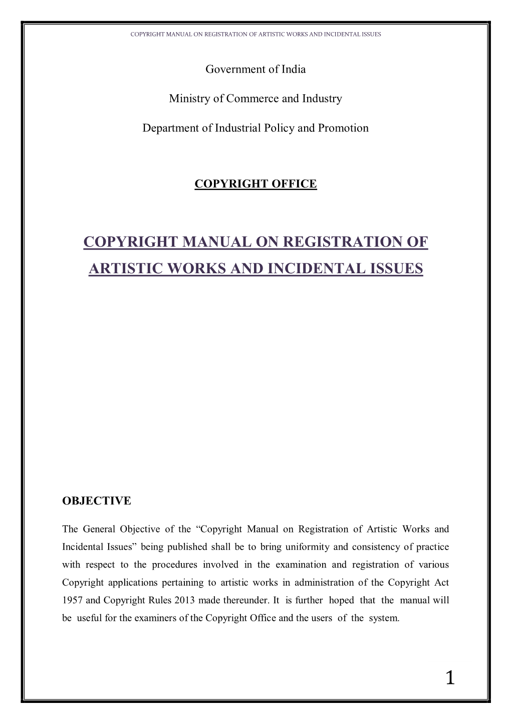 Copyright Manual on Registration of Artistic Works and Incidental Issues