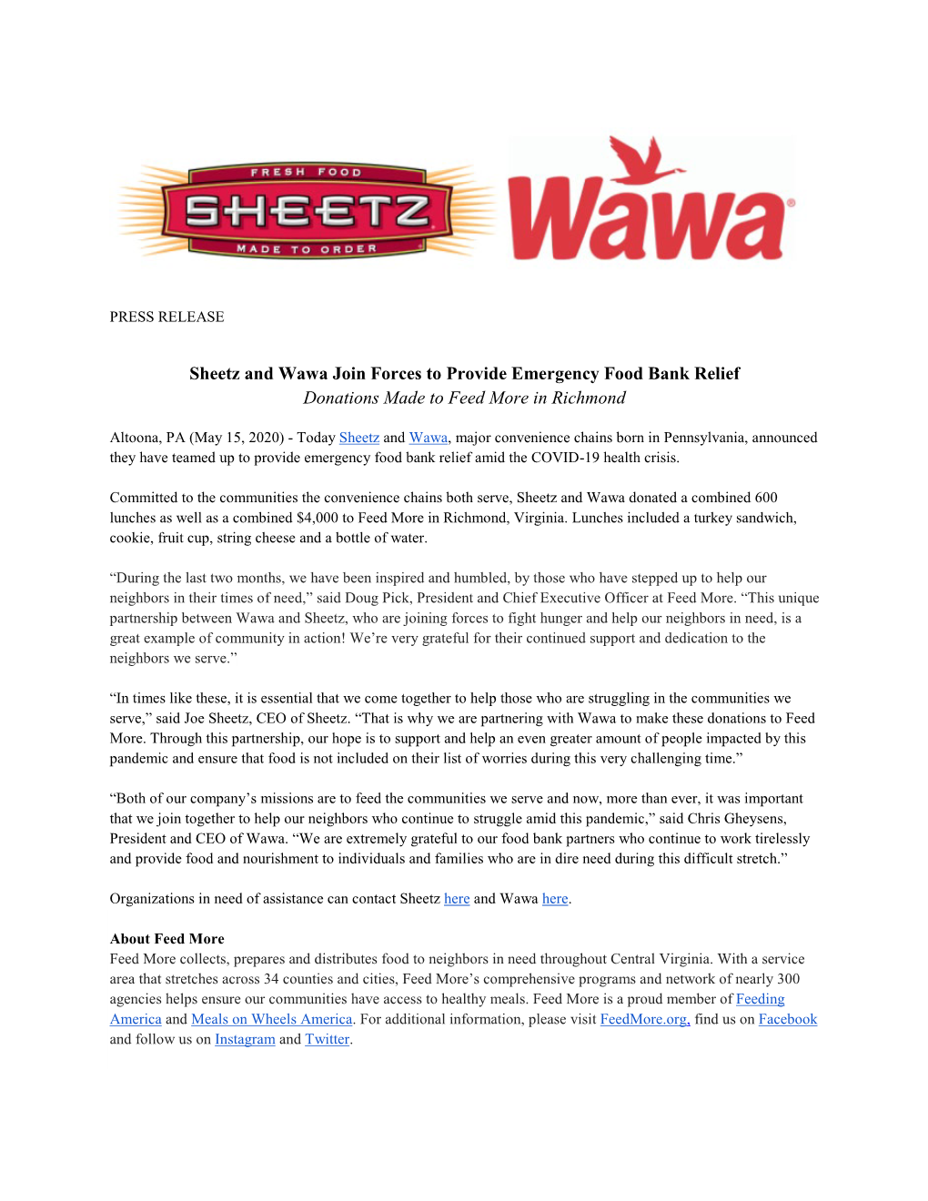 Sheetz and Wawa Join Forces to Provide Emergency Food Bank Relief Donations Made to Feed More in Richmond