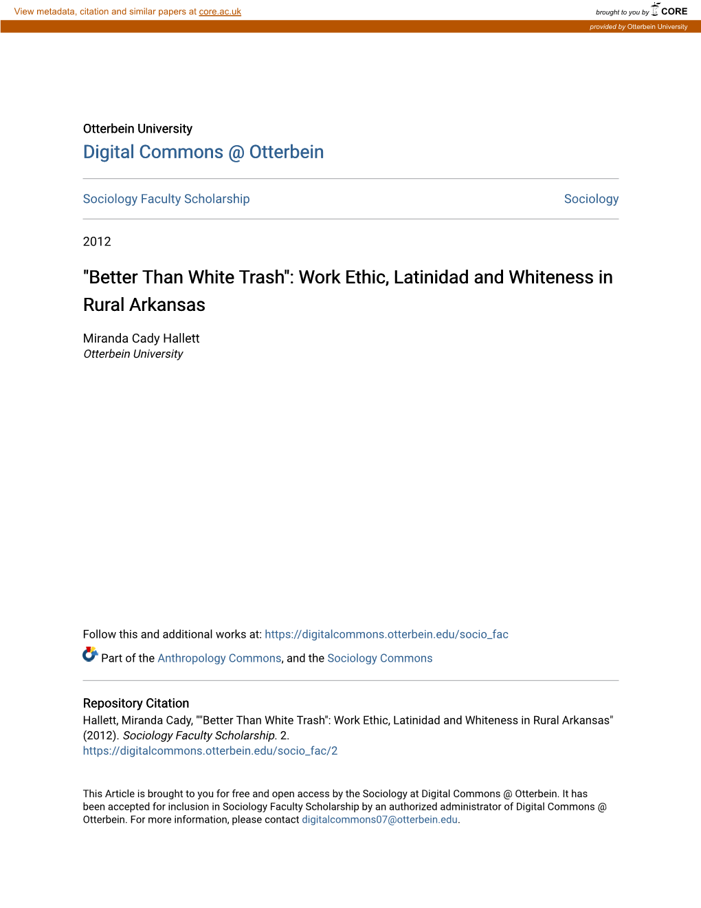 Better Than White Trash": Work Ethic, Latinidad and Whiteness in Rural Arkansas